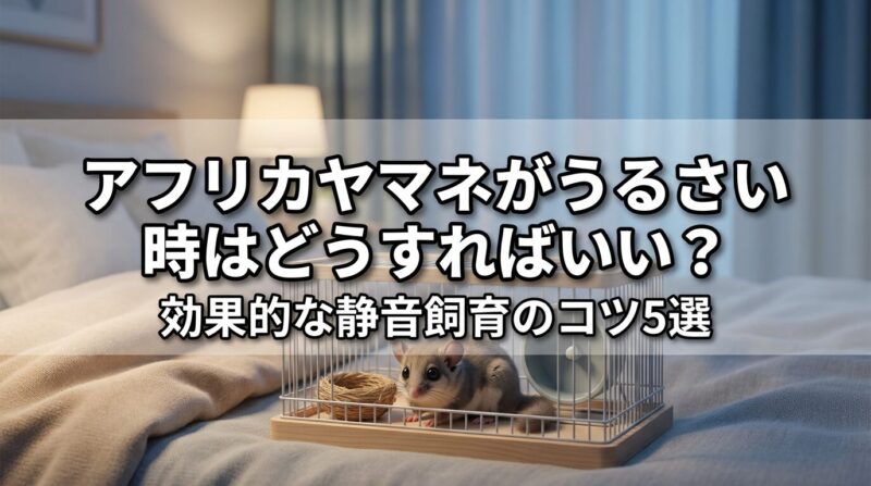 アフリカヤマネの騒音対策を解説するブログ記事のアイキャッチ画像。中央に「アフリカヤマネがうるさい時はどうすればいい？効果的な静音飼育のコツ5選」のテキストが配置され、かわいいアフリカヤマネと静かな飼育環境がデザインされている