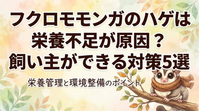 フクロモモンガの栄養不足によるハゲ・脱毛の原因と飼い主ができる5つの対策方法を紹介する記事のアイキャッチ画像。健康的で毛並みの良いフクロモモンガが枝に座っている様子
