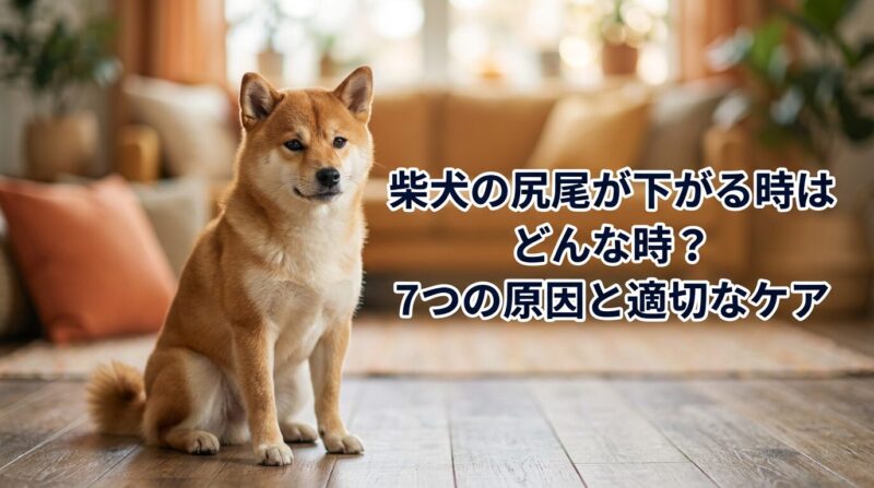 尻尾を下げた柴犬の様子を捉えたブログアイキャッチ画像。「柴犬の尻尾が下がる時はどんな時?7つの原因と適切なケア」というタイトルテキストが中央に配置されている。柔らかい背景で撮影された心配そうな表情の柴犬が特徴的。