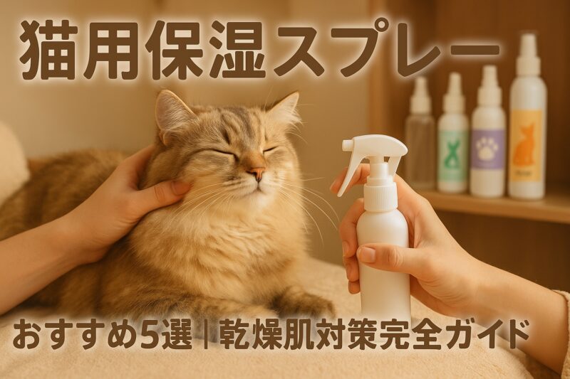 猫用保湿スプレーおすすめ5選 - 飼い主が保湿スプレーを持ちリラックスした茶トラ猫に使用している様子、背景に複数のペットケアスプレーボトルが並ぶ