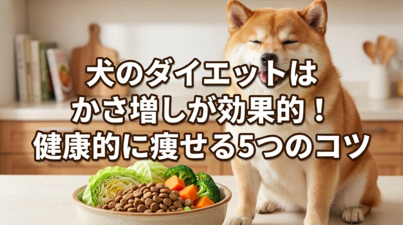 野菜たっぷりのフードボウルの横に座る満足そうな犬。かさ増しダイエットで健康的に痩せる5つのコツを解説する記事のアイキャッチ画像。