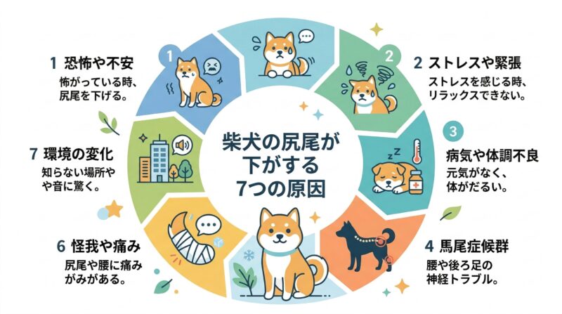 柴犬の尻尾が下がる7つの原因一覧図 柴犬の尻尾が下がる7つの原因(心理的要因、ストレス、体調不良、怪我など)をまとめた一覧図