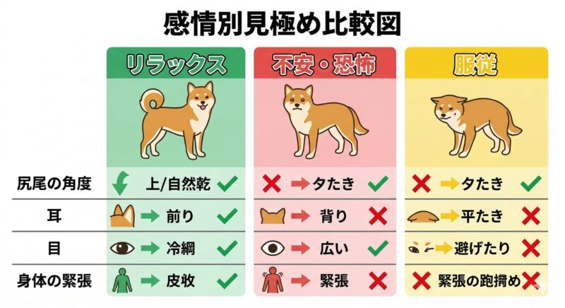 感情別・柴犬のボディランゲージ見極め比較図 リラックス時、不安・恐怖時、服従時における柴犬の尻尾の角度や耳の動きなど、感情別のボディランゲージの違いを比較した図解