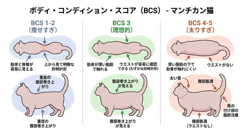 マンチカンの体型判定(BCS)の目安 猫の体型を評価するBCS(ボディコンディションスコア)の3段階比較図解イラスト。マンチカンのシルエット(上・横)を使い、痩せすぎ・理想的・太りすぎの特徴を示している。