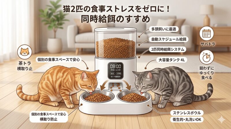 猫2匹の同時給餌で横取りストレスを解消 2匹の猫が1台の2皿仕様の自動給餌器から同時に仲良く餌を食べている様子。多頭飼いにおける食事の横取り問題や食べムラを解決する同時給餌のイメージ図。