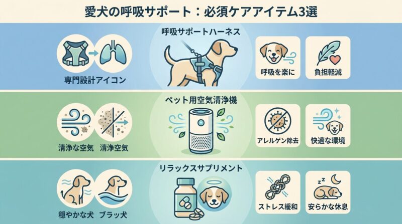 犬の呼吸を楽にする神アイテム3選・ハーネス空気清浄機サプリ 犬のグーグー音や呼吸困難を改善する3つの神アイテム。気管を圧迫しないハーネス、ホコリや花粉を除去する空気清浄機、ストレスケア用のおだやかサプリメントを紹介する図解