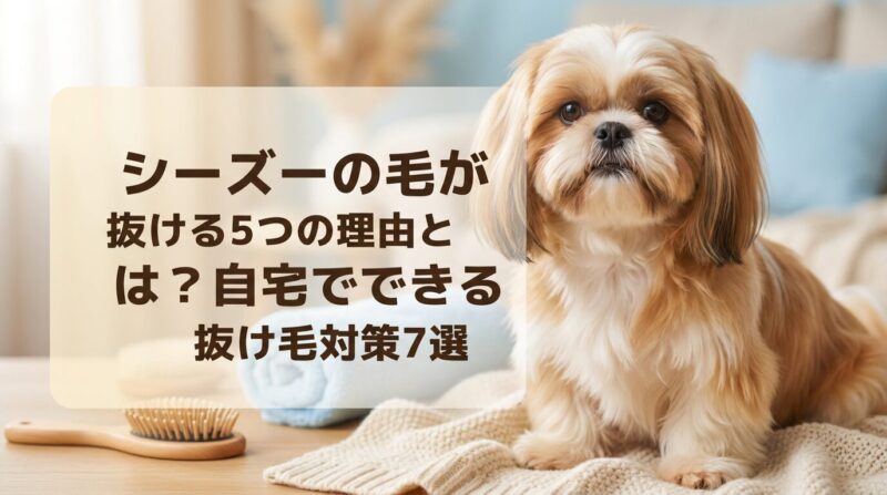 シーズーの毛が抜ける5つの理由と自宅でできる抜け毛対策7選を解説する記事のアイキャッチ画像。健康的で美しい被毛を持つシーズー犬の写真に、記事タイトルが中央に配置されている。