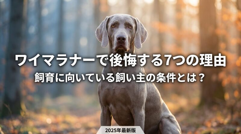 ワイマラナーで後悔する7つの理由と飼育に向いている飼い主の条件を解説した記事のアイキャッチ画像。美しいシルバーグレーのワイマラナーが中央に配置され、運動量不足・分離不安・高額費用などの重要ポイントが視覚的に表現されている。