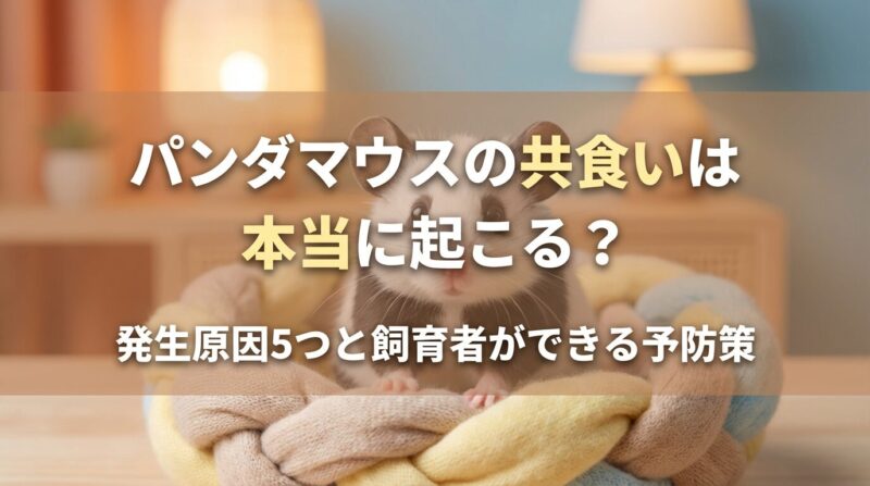 パンダマウスの共食い予防ガイド - 可愛いパンダマウスと安全な飼育環境のイメージ画像。共食いの原因5つと具体的な予防策を解説するペットケア記事のアイキャッチ