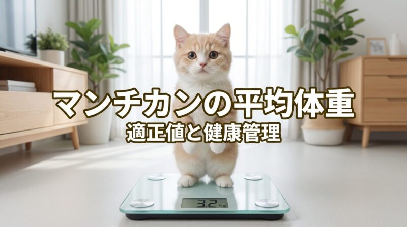 体重計に乗った可愛いマンチカン猫とマンチカンの平均体重・適正値と健康管理のテキストが入ったブログアイキャッチ画像