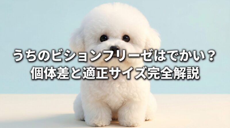 白くてふわふわのビションフリーゼ犬の写真に「うちのビションフリーゼはでかい？個体差と適正サイズ完全解説」のテキストが中央に配置されたブログアイキャッチ画像。標準サイズより大きめの個体について、JKC基準との比較、毛量による視覚効果、健康な大型個体の特徴を解説する記事のサムネイル。