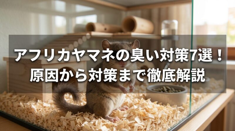 アフリカヤマネの臭い対策を解説するアイキャッチ画像。清潔な木製床材の上に座る可愛らしいアフリカヤマネと、適切に管理された飼育環境を表示。臭いの原因となる排泄物や食べ残しを防ぐための清潔な環境づくりの重要性を視覚的に伝える、ペットケアガイド記事用の画像。