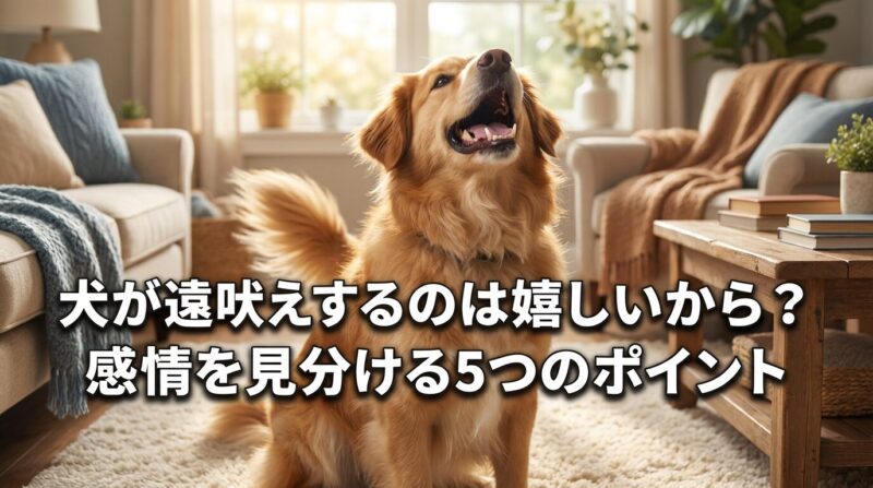 嬉しそうに遠吠えする犬の写真。犬の感情を見分ける5つのポイントを解説する記事のアイキャッチ画像。動物行動学に基づいた遠吠えの意味と対処法をわかりやすく紹介。