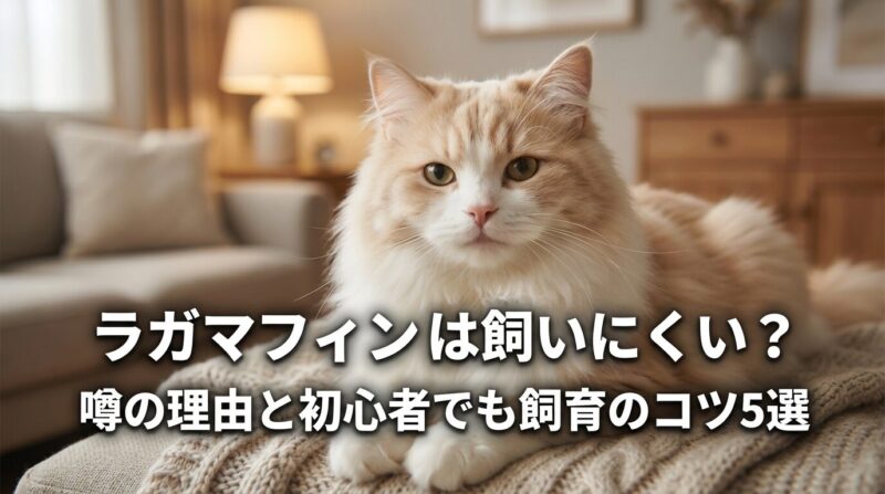 ラガマフィンの飼育方法を解説するアイキャッチ画像。ふわふわの長毛を持つクリーム色のラガマフィン猫が穏やかな表情で写っており、温かい家庭的な背景。「ラガマフィンは飼いにくい？噂の理由と初心者でも飼育のコツ5選」というテキストが中央に配置されている。