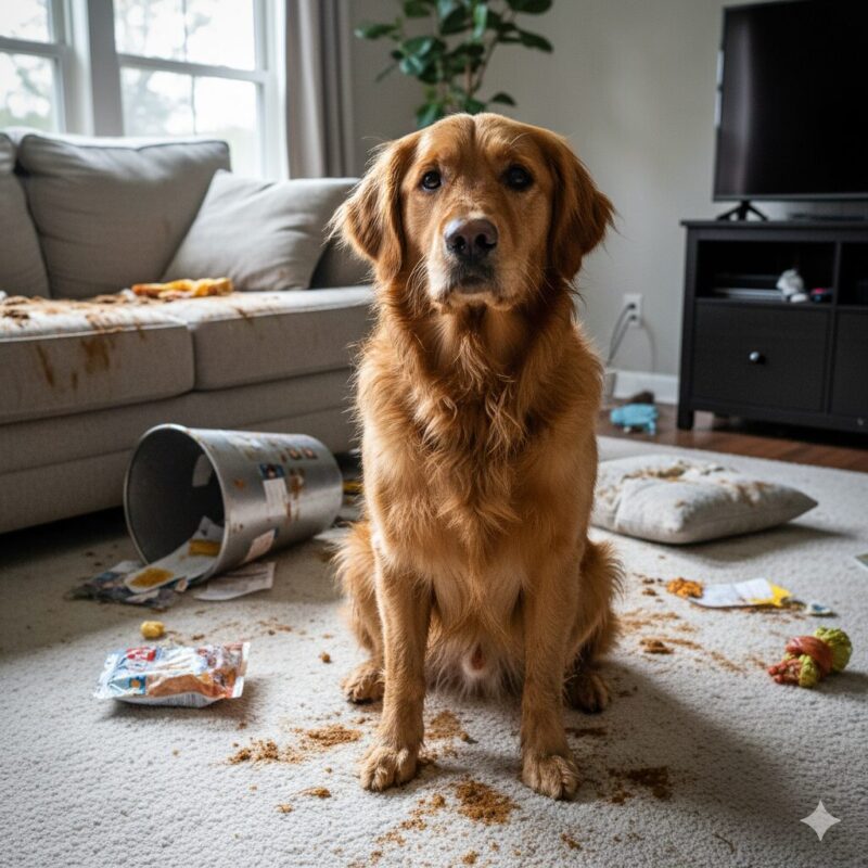 犬が留守番中にうんちまみれになる主な原因を説明するイメージ