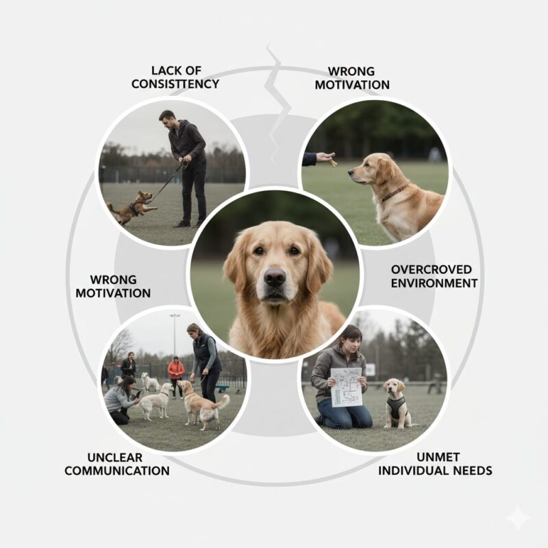 しつけ教室で困惑する飼い主と犬のイメージ