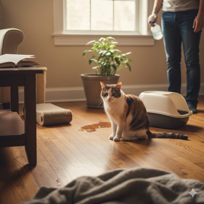 猫の粗相の原因と対策を解説するイメージ