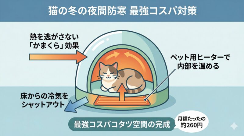 猫の夜間防寒に最適なドーム型ベッドとヒーターの組み合わせ 暖房なしの冬の夜でも安全な、ドーム型ベッドとペット用ヒーターを活用した猫の防寒対策図解