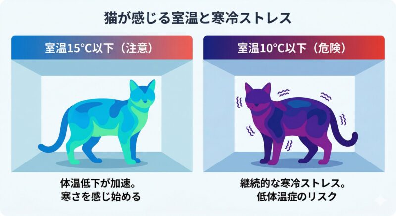 冬の夜の室温低下による猫の寒冷ストレスと危険度 室温15℃以下と10℃以下で猫が受ける寒冷ストレスと低体温症リスクの変化を示すサーモグラフィー風図解