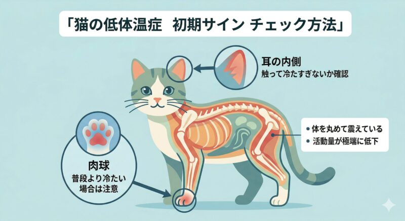 猫の低体温症を防ぐ就寝前・起床時の健康チェック 冬の夜間に確認すべき猫の低体温症の初期サインと、耳や肉球を使った体温チェック方法の図解