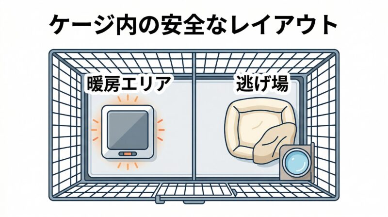犬用ケージの安全な寒さ対策・ヒーター配置図 犬の留守番時や就寝時に安全な、ケージ内ペットヒーターの配置レイアウト図(暖房エリアと逃げ場の作り方)