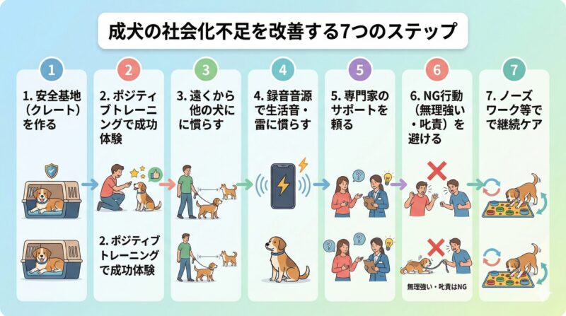 成犬からでも間に合う犬の社会化不足の治し方|7つの段階的トレーニングステップの図解