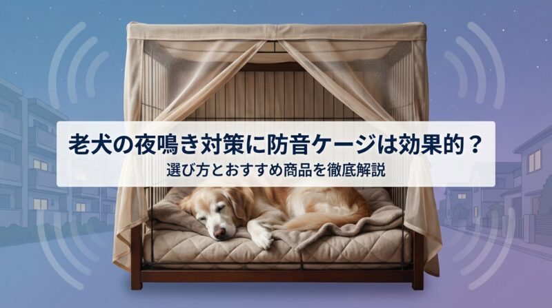 老犬の夜鳴き防音ケージ対策 - 安心して眠る老犬とケージカバーのイメージ。近隣トラブルを防ぐ効果的な選び方とおすすめ商品を紹介する記事のアイキャッチ画像