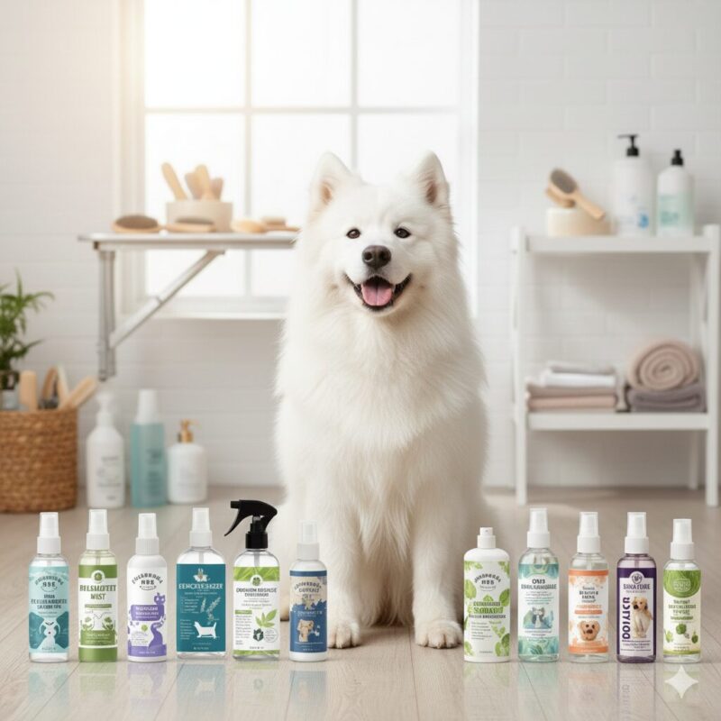 犬の体臭スプレーを使用している様子