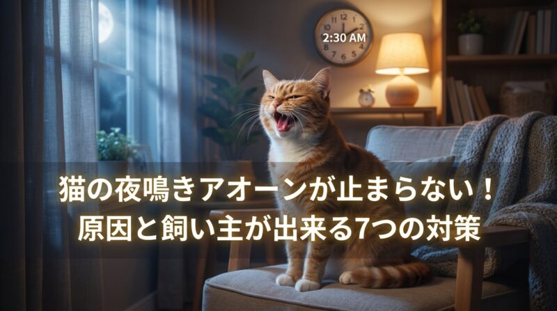 夜に口を開けて鳴く猫のイメージ画像。月明かりの差し込む室内で、猫が夜鳴き「アオーン」をしている様子。猫の夜鳴きの原因と飼い主ができる7つの対策を解説した記事のアイキャッチ。