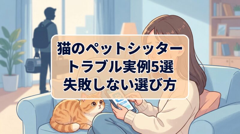 猫のペットシッタートラブル実例5選と失敗しない選び方を示すアイキャッチ画像。心配そうな表情でスマートフォンを見る飼い主と愛猫、背景にペットシッターのシルエット。温かみのあるパステルカラーの室内イラスト。