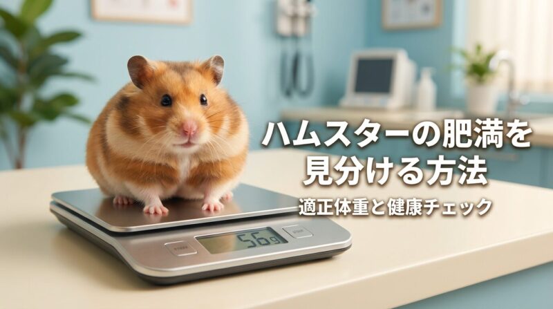 体重計に乗った丸々としたゴールデンハムスターの写真。ハムスターの肥満を見分ける方法と適正体重チェックについて解説する記事のアイキャッチ画像。