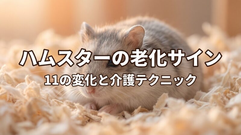 ハムスターの老化サインと介護テクニックを解説するブログのアイキャッチ画像。温かみのある色調で高齢のハムスターが快適な環境で過ごしている様子。中央に「ハムスターの老化サイン 11の変化と介護テクニック」のテキストが配置され、モバイル表示とGoogleディスカバーに最適化されたデザイン。
