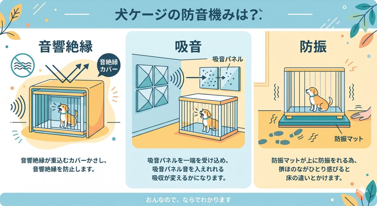 防音ケージと吸音材による老犬の夜鳴き対策の仕組み(遮音・吸音・防振)
