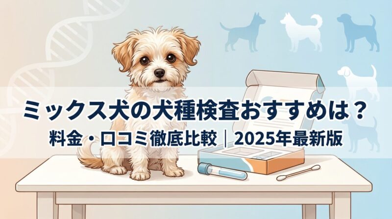 ミックス犬の犬種検査おすすめサービスを料金・口コミで徹底比較。DNA検査キットと綿棒の横に座るかわいいミックス犬。背景にDNA二重らせん構造と犬種シルエット。2025年最新情報。