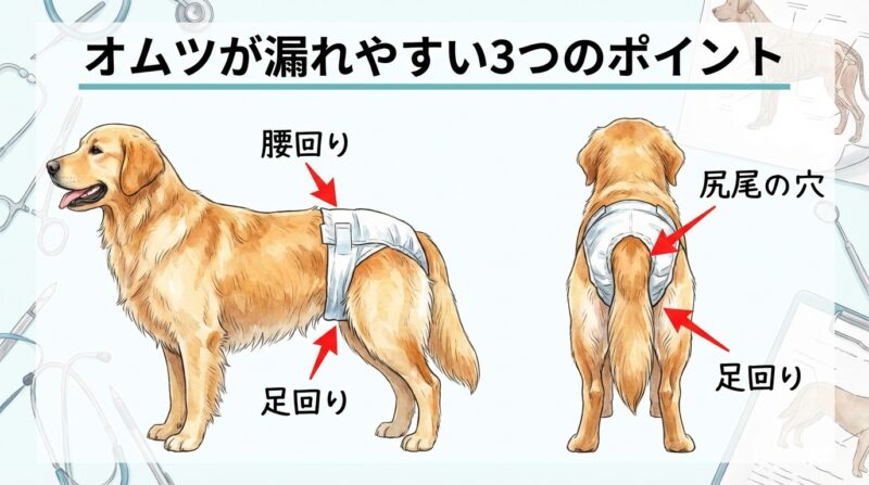 犬用オムツで漏れやすい箇所の図解
