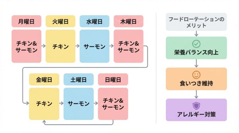 グランツキャットフードのフードローテーション例(1週間スケジュール)栄養バランス向上・食いつき維持・アレルギー対策