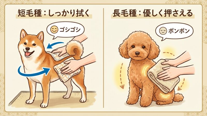 短毛種と長毛種で異なる犬のタオルドライ方法