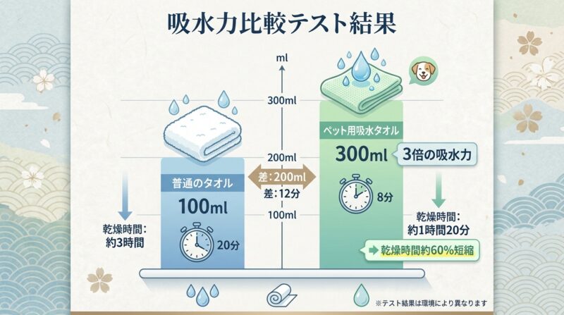 犬用吸水タオルと普通のタオルの吸水力比較グラフ