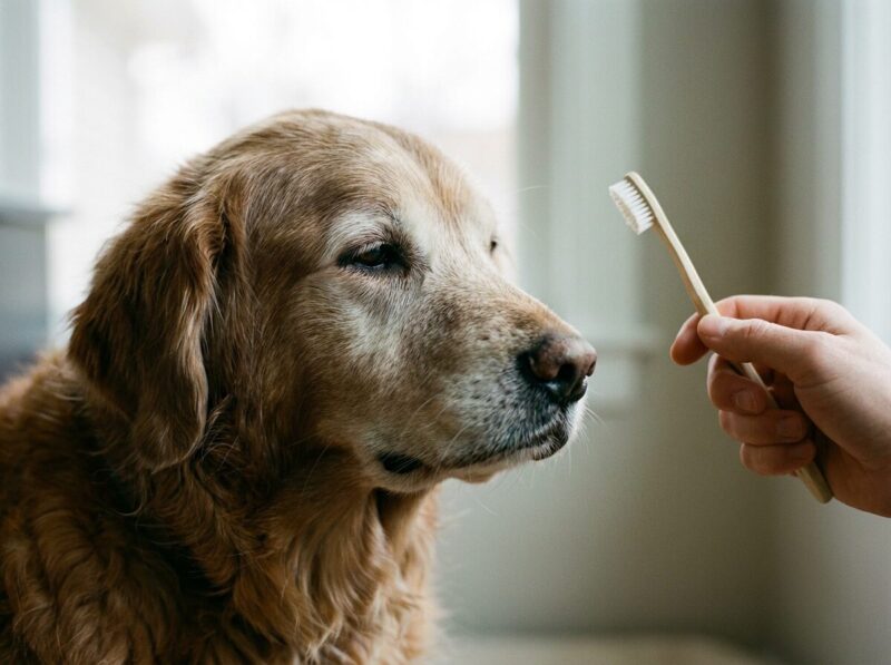 歯磨きを嫌がるシニア犬の様子