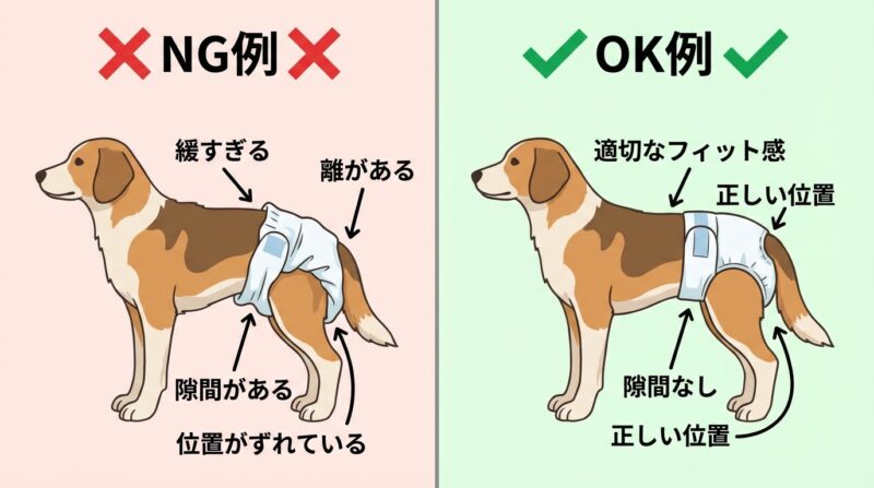 犬用オムツの正しい装着方法と間違った装着例