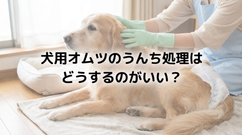 犬用オムツのうんち処理方法を解説する記事のアイキャッチ画像、老犬がオムツを着用している介護シーン