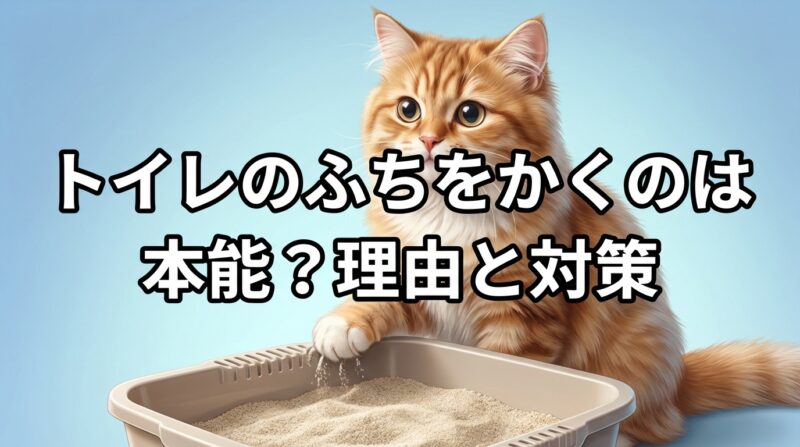 猫がトイレのふちをかく本能的理由と対策：トイレの縁を掻く猫のイラストと「トイレのふちをかくのは本能？理由と対策」の文字入りアイキャッチ画像