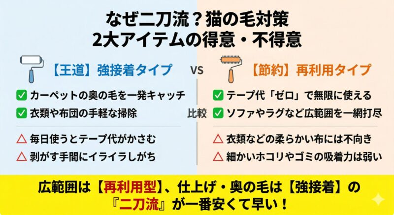 猫の毛対策:粘着式 vs テープ不要型の比較図解 猫の毛対策グッズ比較図解:粘着式コロコロとテープ不要ローラーの得意・不得意な場所とコスパの違い
