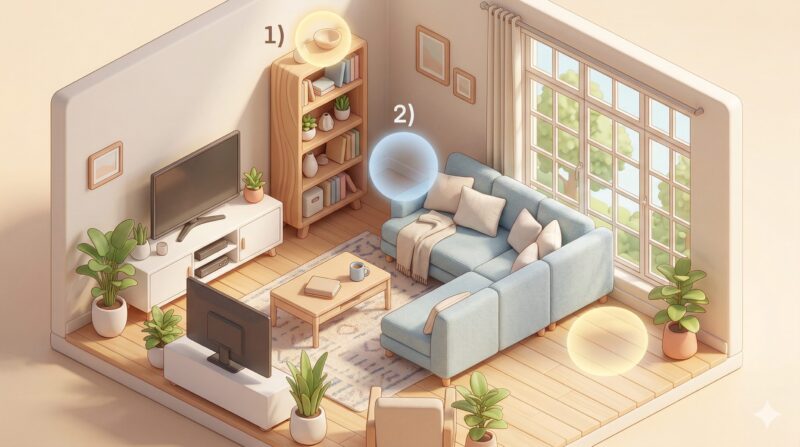 猫が安心する隠れ家(ハウス)の理想的な置き場所ベスト3を図解した部屋の見取り図