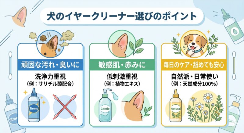 犬のイヤークリーナー選びのポイントを図解したインフォグラフィック 犬のイヤークリーナー(洗浄液)選びのポイント(頑固な汚れ、敏感肌、日常使い)を図解したインフォグラフィック