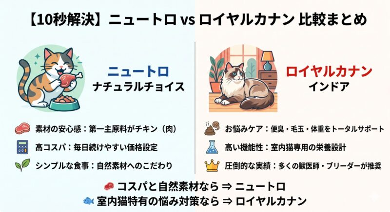 猫用ニュートロ ナチュラルチョイスとロイヤルカナン インドアの比較図解。素材の安心感、高コスパ、シンプルさを特徴とするニュートロと、便臭・毛玉などお悩みケア、高い機能性、圧倒的な実績を特徴とするロイヤルカナンの違いをイラストとテキストでまとめたインフォグラフィック。結論:コスパと自然素材ならニュートロ、室内猫特有の悩み対策ならロイヤルカナン。