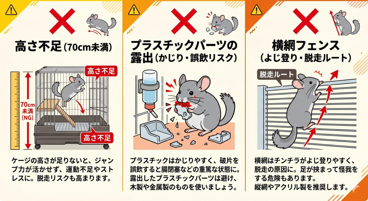 チンチラ用サークルで避けるべき3つのNG基準(高さ不足・プラスチック素材・横網)