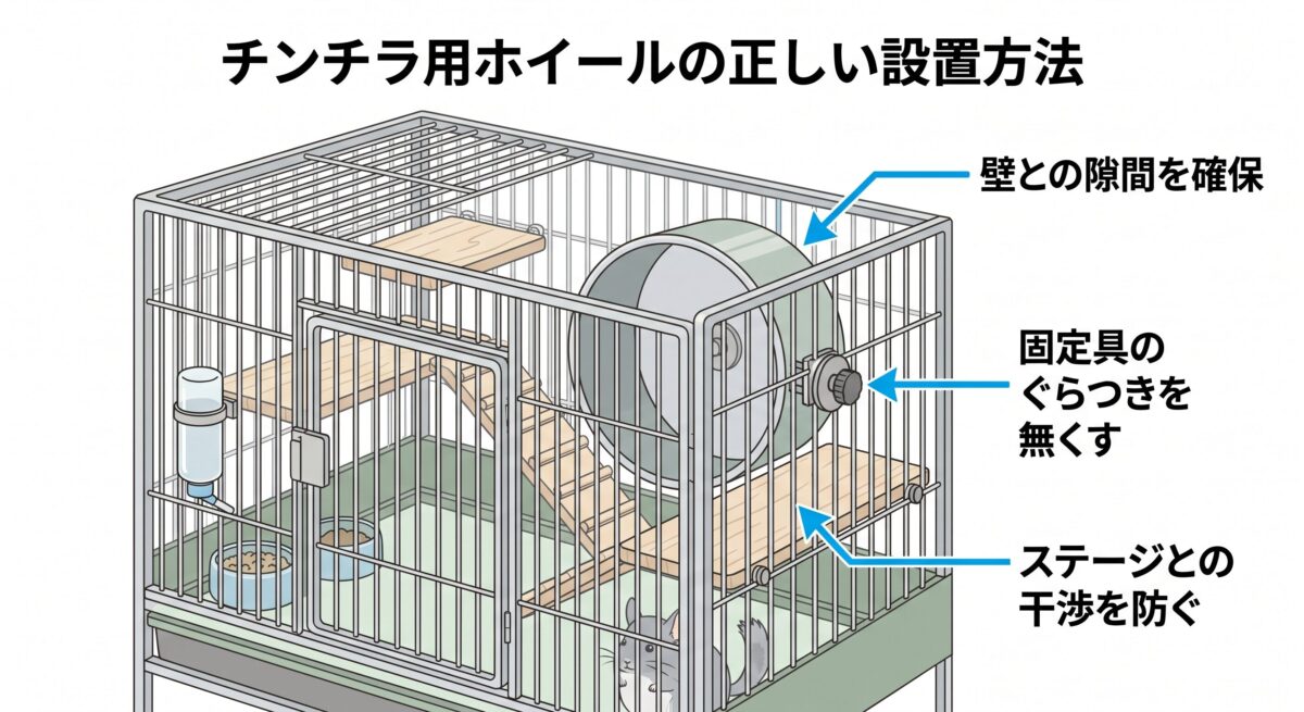 チンチラの回し車の安全構造比較図。網目は手足の挟まりが危険、フラット面は怪我を防げて安全
