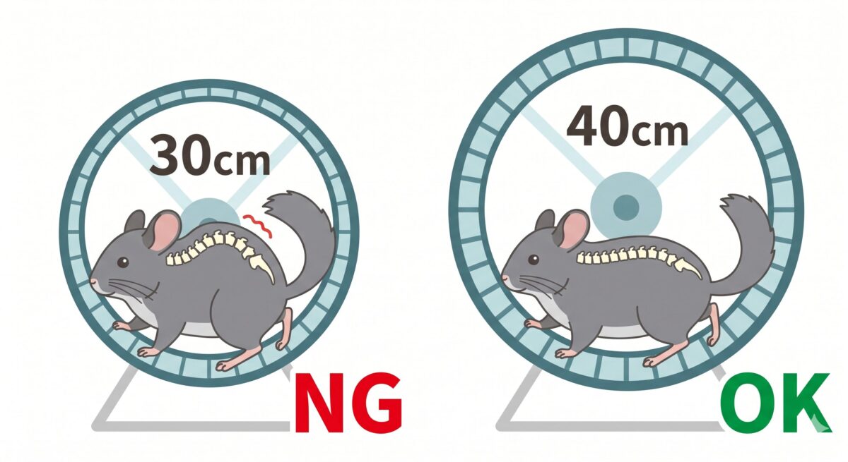 チンチラの回し車サイズ比較図。30cmは背骨が不自然に曲がるNG例、40cmは真っ直ぐ走れるOK例