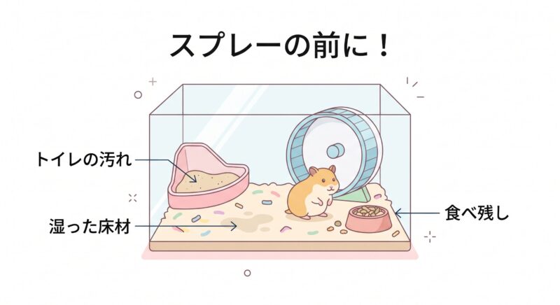 ハムスターケージのニオイの原因となる「トイレの汚れ」「湿った床材」「食べ残し」の3つのポイントを図解したイラスト